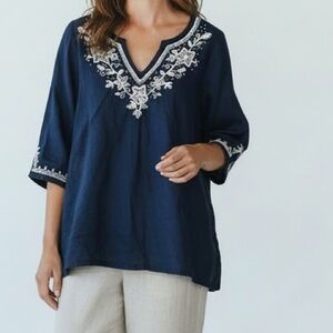 Charter Club Luxury 100% Linen Tunic Top embroidery. Coastal Grandma Resortwear